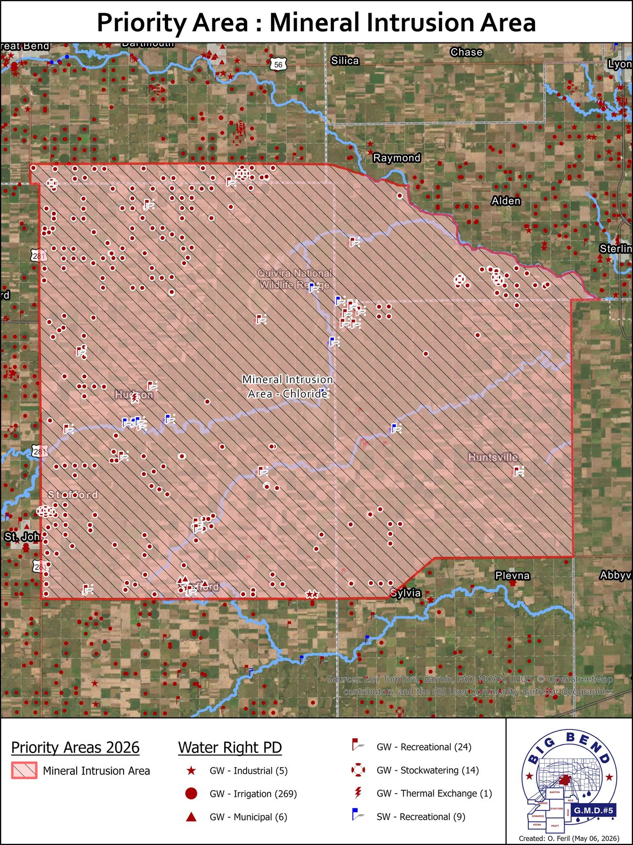 Map highlighting a mineral intrusion area with various water rights and usage points.