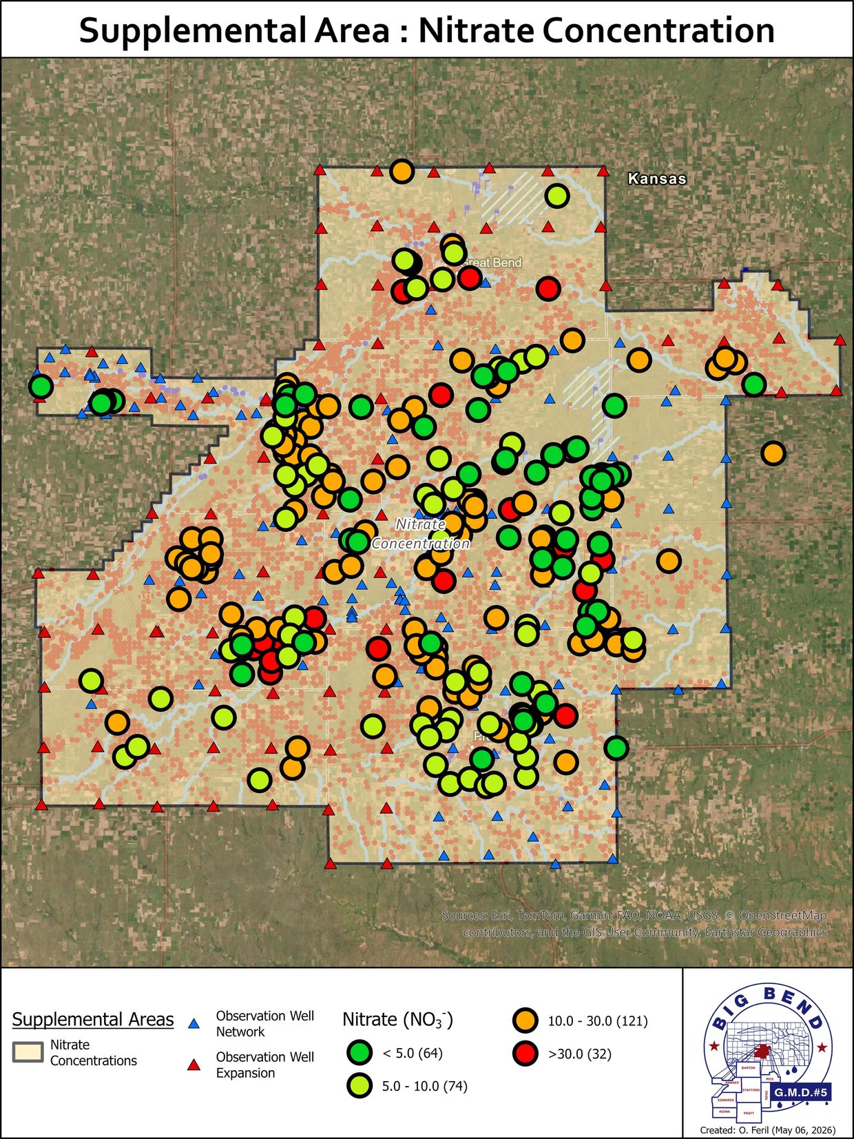 Map showing nitrate concentration levels and observation wells in Big Bend area, Kansas.