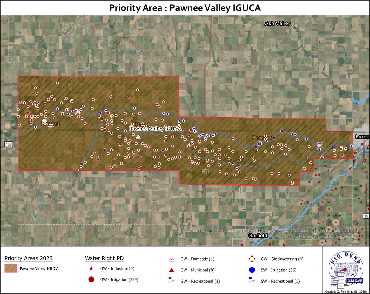 Map showing Pawnee Valley IGUCA priority area with water rights and usage types.