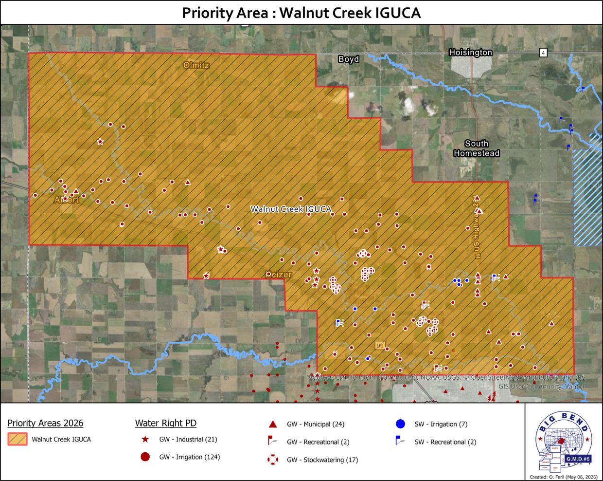 Map showing Walnut Creek IGUCA priority area with water rights distribution for 2026.