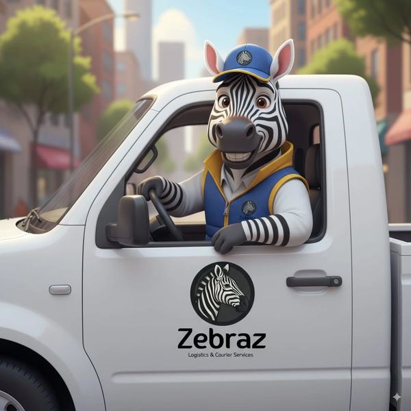 Anthropomorphic zebra driving a delivery truck for Zebraz courier service.