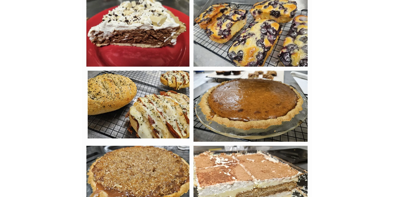 Chocolate Mousse Pie, Lemon Blueberry Bread, Artisan Breads (Pizza, Italian Parmesan) Pumpkin Pie, A