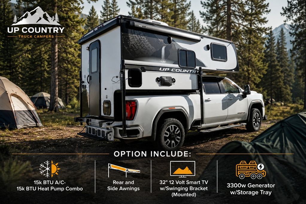 Truck camper with optional features listed.