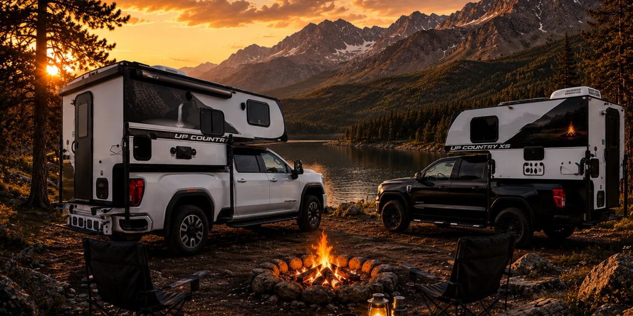 Two trucks with campers by a lakeside campfire at sunset.
