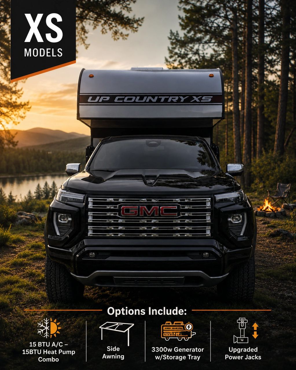 GMC truck with Up Country XS camper at sunset in forest.