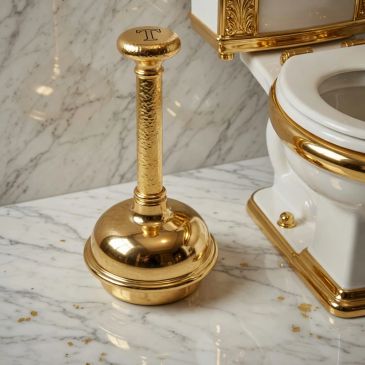 Luxurious gold toilet plunger beside ornate toilet on marble floor.
