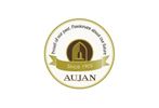 Logo of AUJAN with a golden arch and slogan.