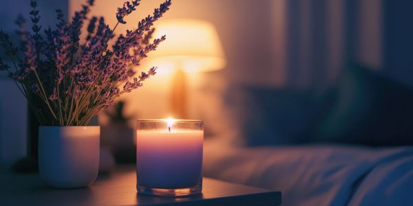 A serene bedroom with soft lighting, a lit candle and a vase of lavender