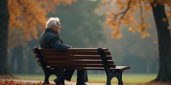 An older man sits alone on a park bench in autumn, looking into the distance