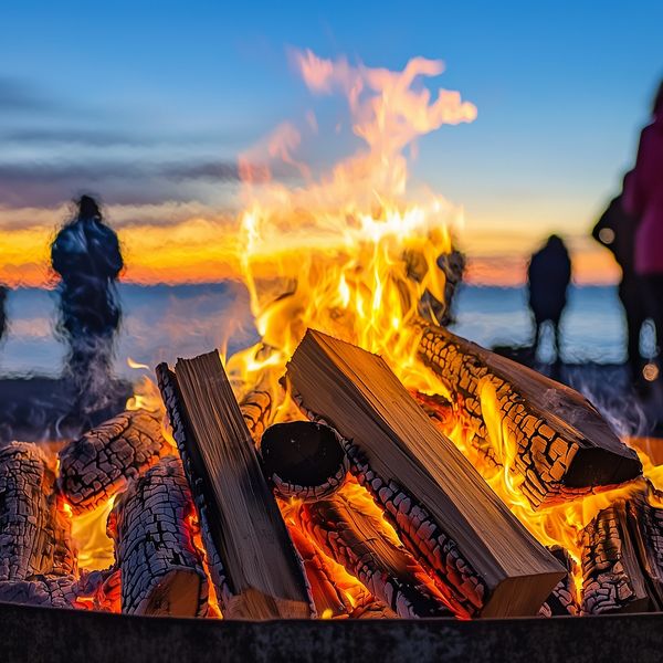 A close up photograph of a fire outdoors, with people blurred in the background