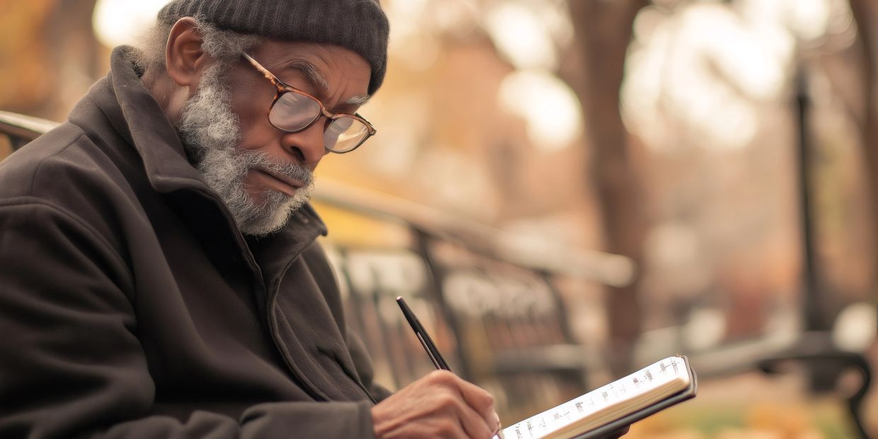 An older man sits on a park bench writing in his journal