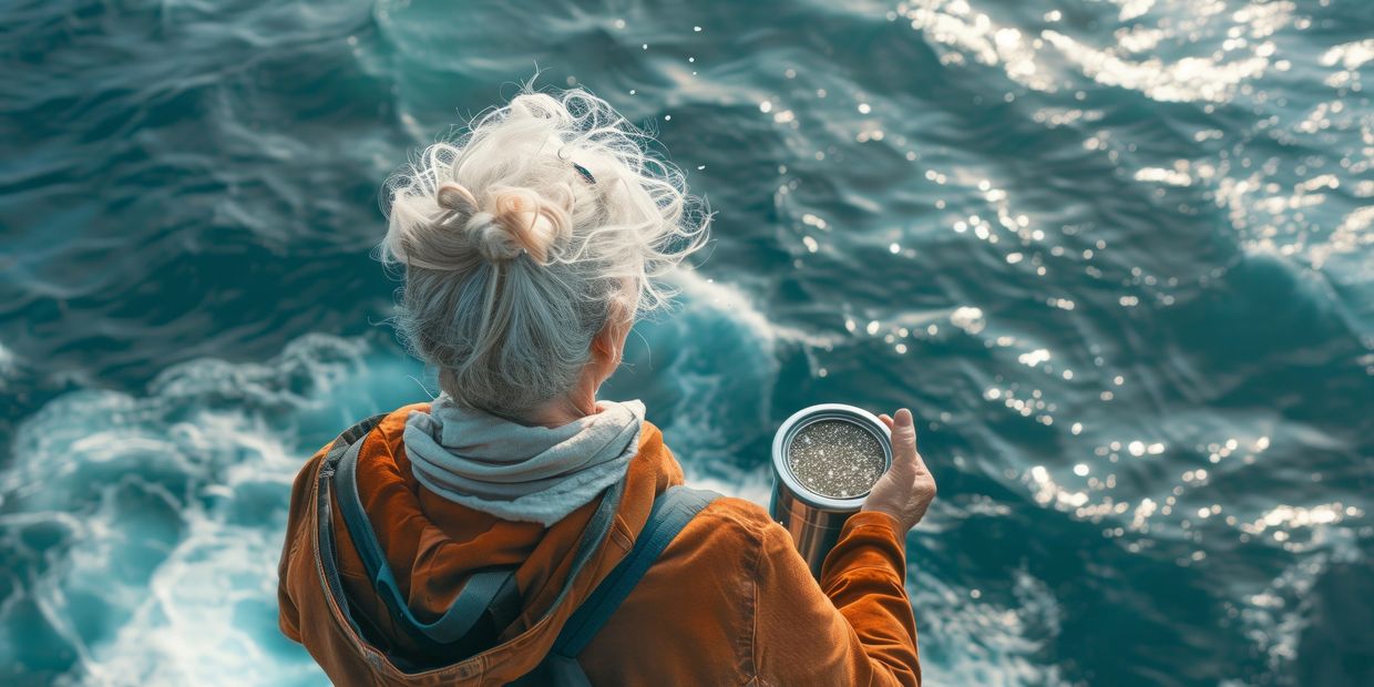 A woman with grey hair stands, back to the camera, on a cliff by the sea holding an urn of ashes