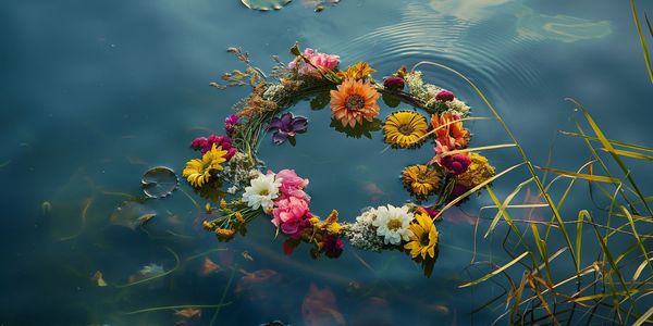 A garland of colourful flowers floats upon the water