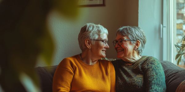 Two middle aged women on a sofa sit closely to each other, looking into each other's eyes with love
