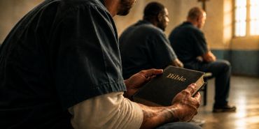 Man in prison holding a Bible, two others seated in background.