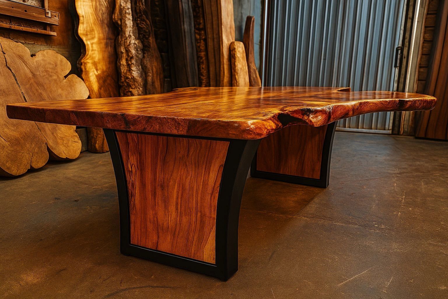 Live Edge Maple Dining table with steel curved black base that has maple inset to match table top