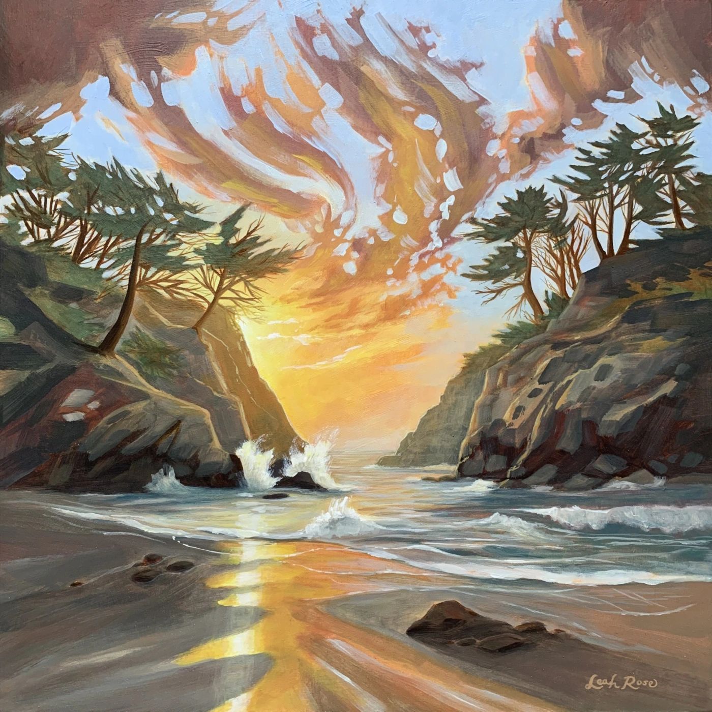 Sunset over rocky cliffs and ocean waves.
