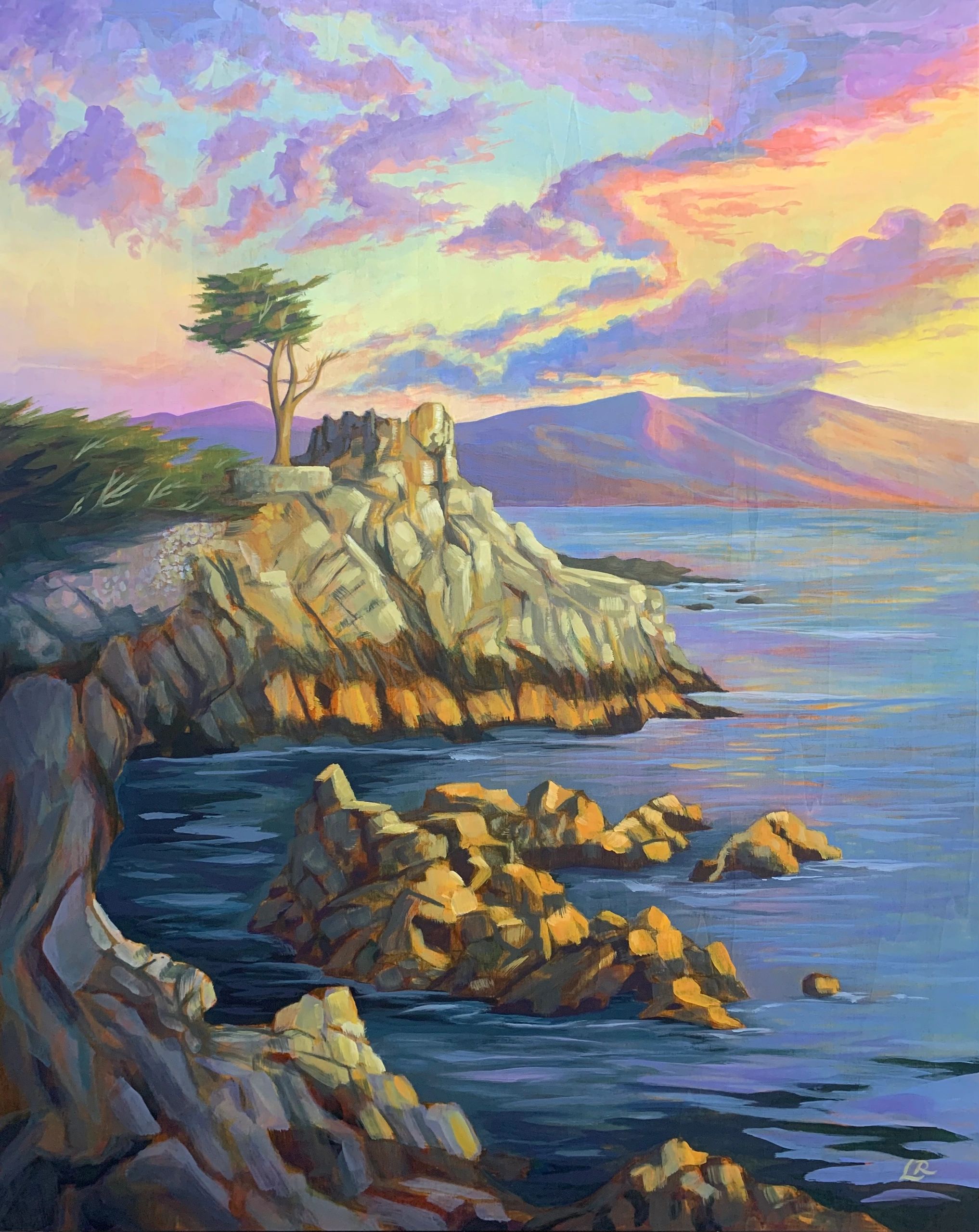 Painting of a rocky coastline at sunset with a single tree.