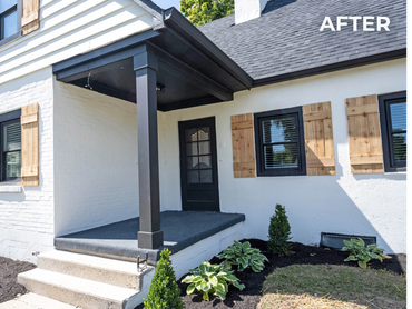 Freshly renovated porch with modern black accents and wooden shutters.