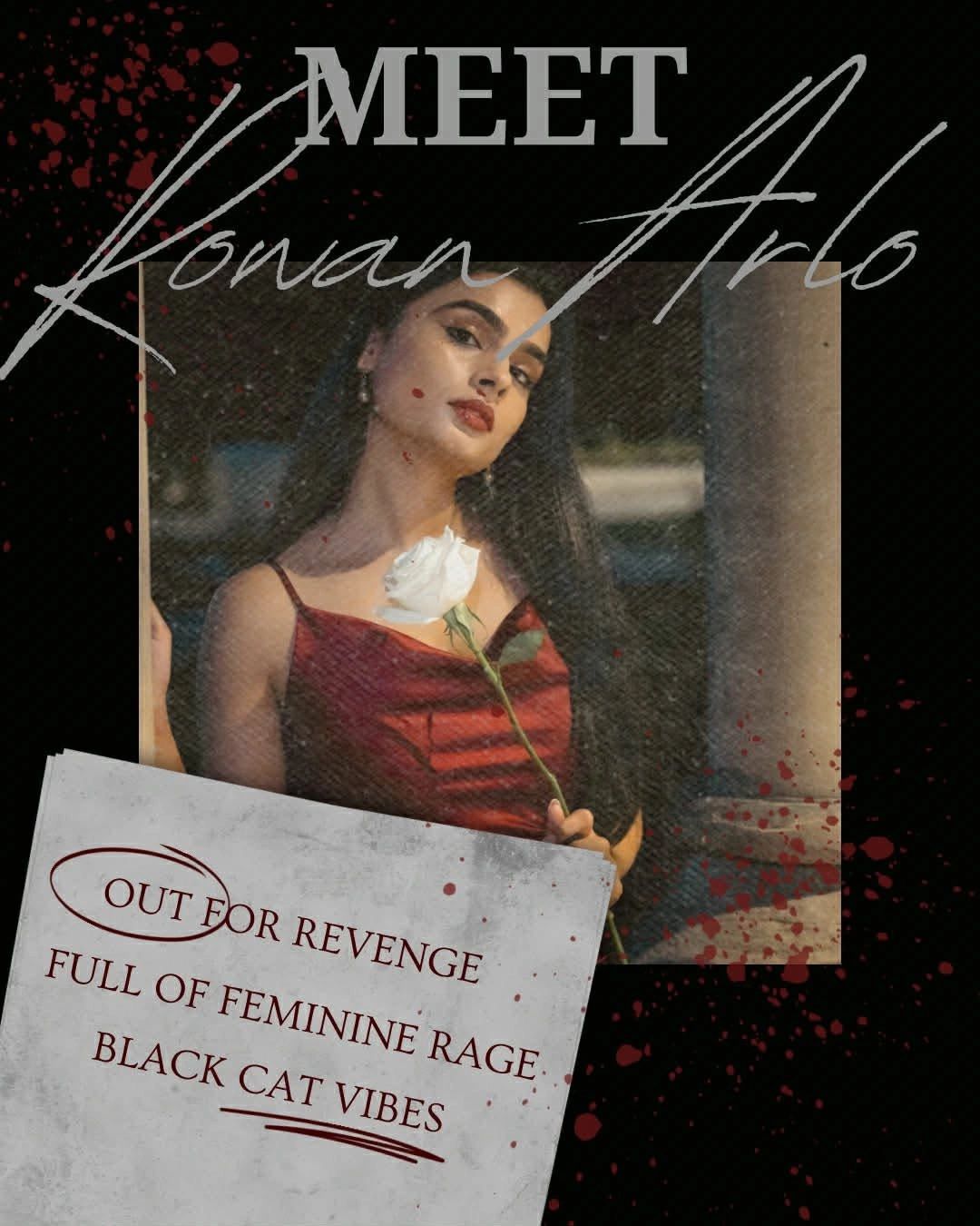 Woman in red dress holding a white rose.
