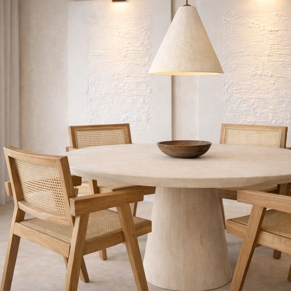 Minimalist dining area with round wooden table and cane chairs under a pendant light.