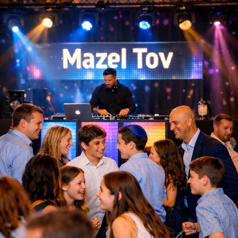 Kids and adults dancing together at a bar mitzvah celebration with a DJ.