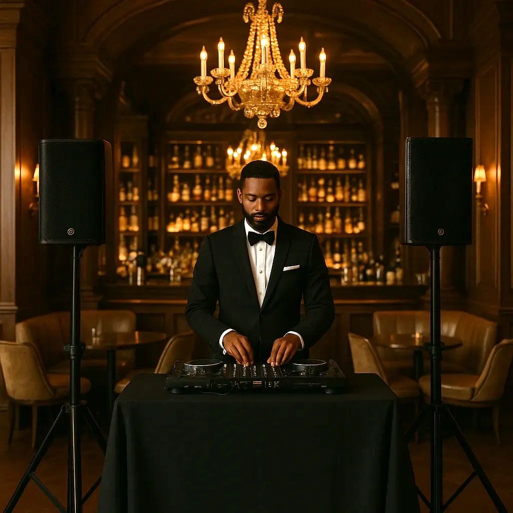 Professional DJ performing in an elegant indoor venue.