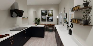 Modern kitchen with copper handles. Quartz worktop for a sleek look with sink grooves. Great kitchen