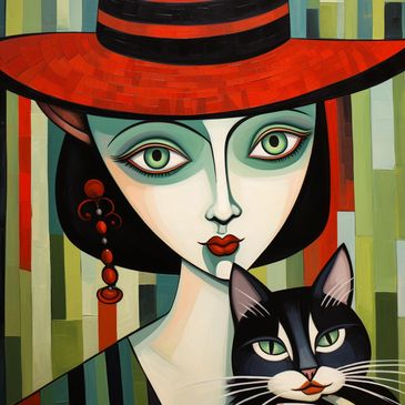 An abstract painting depict an woman and a cat