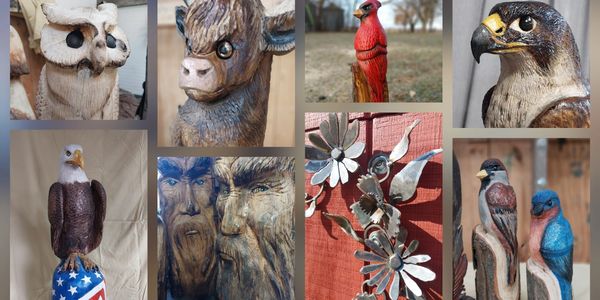 A collage of intricately carved wooden animal and nature sculptures.