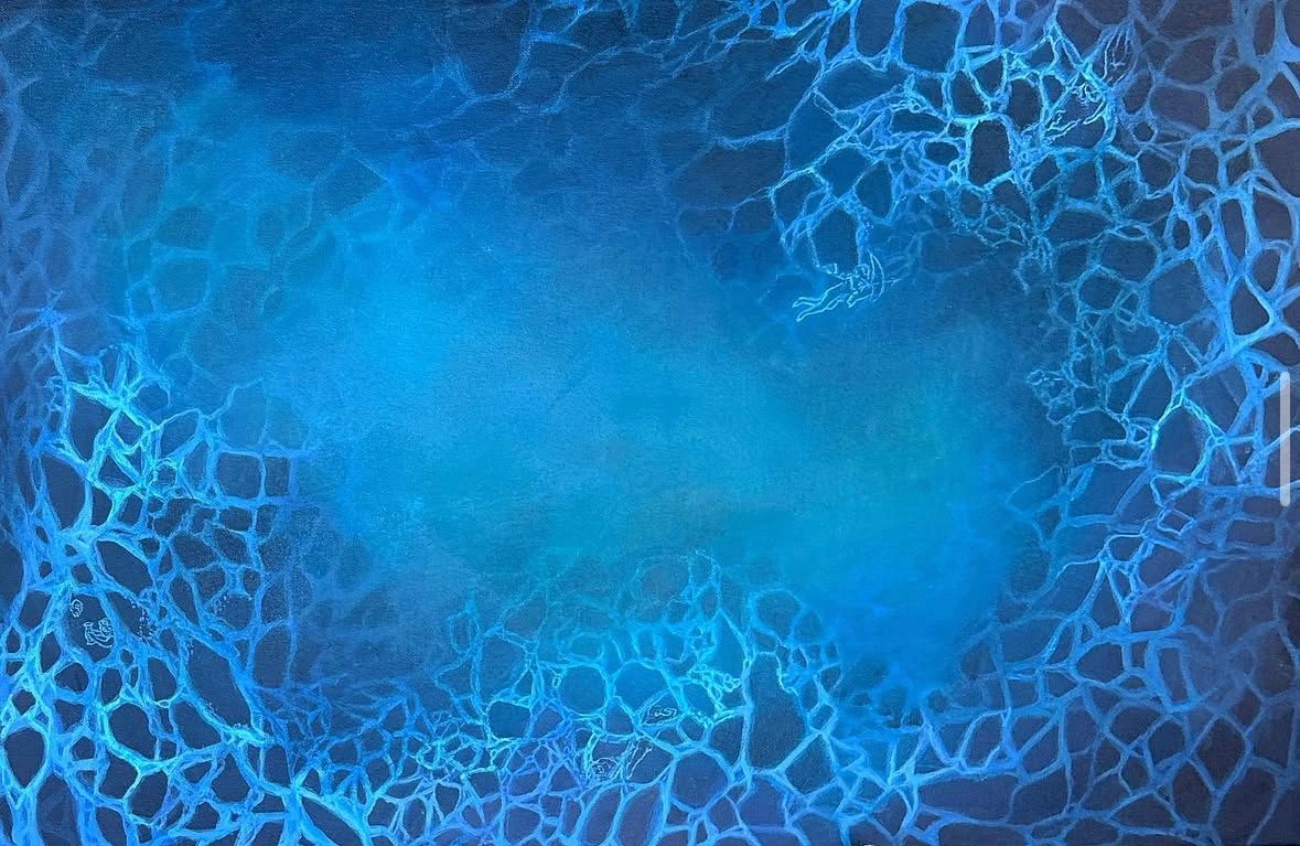 Cell-like organic forms spreading across a deep blue field in a painting by Sophia Polizzi