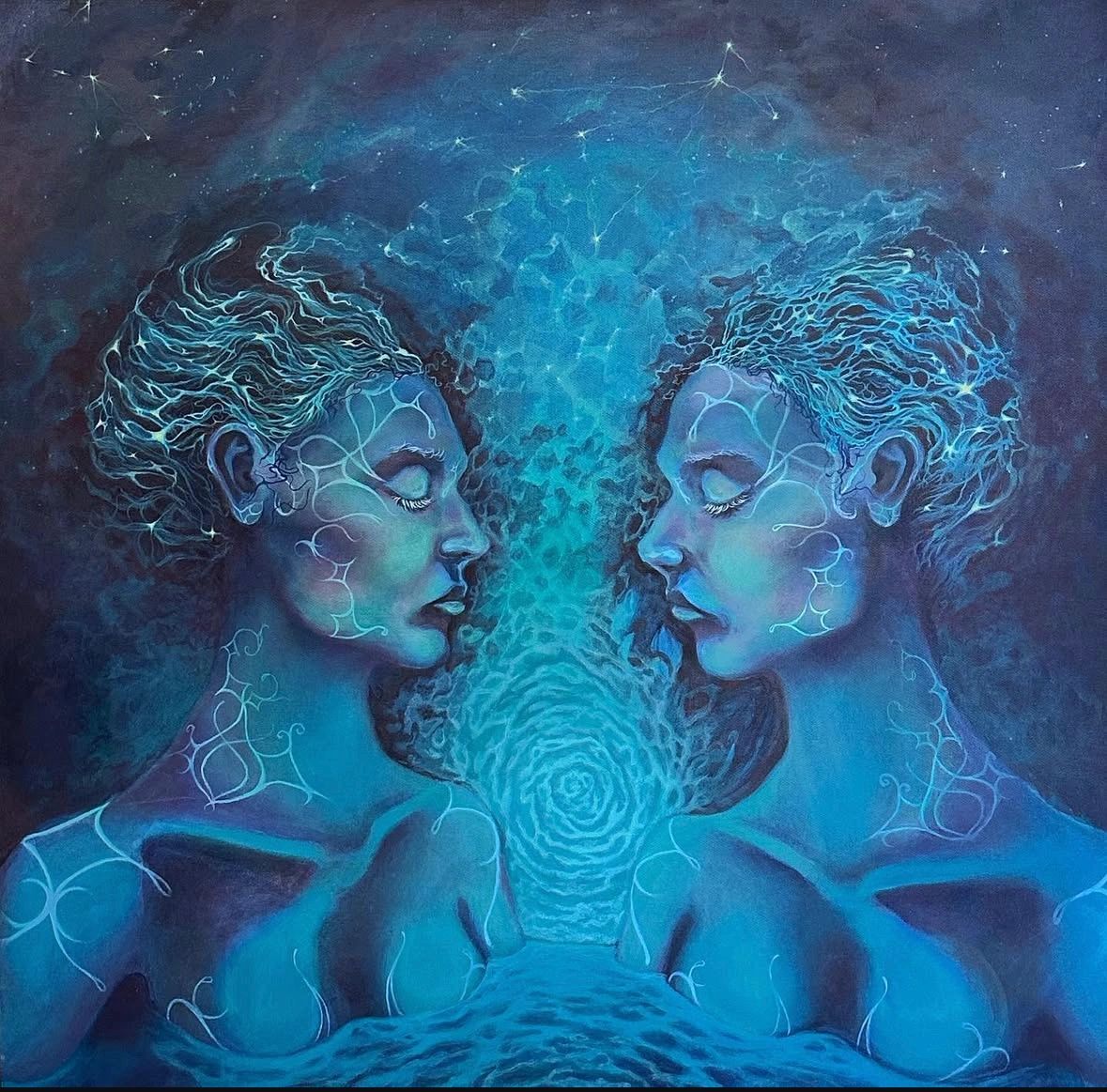 Two mirrored figures surrounded by luminous organic patterns in a blue painting by Sophia Polizzi