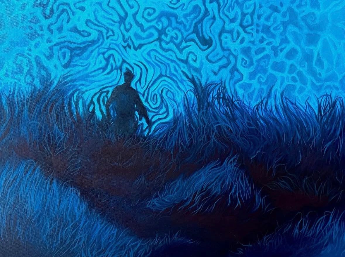 A solitary figure moving through a layered blue landscape in a painting by Sophia Polizzi