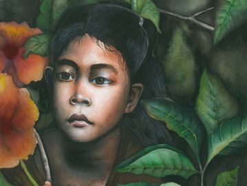 Watercolour portrait of a young girl surrounded by lush green leaves and, fine art by Kathryn Taylor