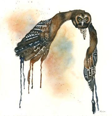 A watercolor painting of an owl in flight blending realism and expressive artistry.