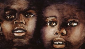 Close-up painting of two soulful faces with expressive eyes and open mouths.