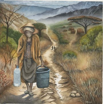 Watercolour painting of a woman carrying water along a mountain path, cultural art by Kathryn Taylor
