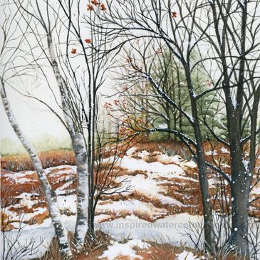 Winter forest watercolour print featuring snowy ground and bare trees in a serene woodland scene.
