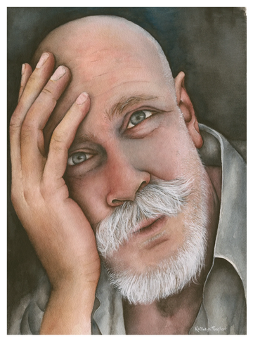 Watercolour portrait, elderly man with white beard, gentle expression, fine art by Kathryn Taylor.