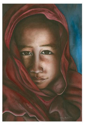 Watercolour portrait of a young child wrapped in a red cloak, expressive fine art by Kathryn Taylor