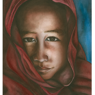 Watercolour portrait print featuring a child in a red shawl with soft light and expressive detail.