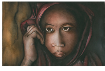 Watercolour portrait of a young boy with expressive eyes, emotional fine art by Kathryn Taylor