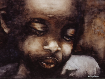 A somber portrait of a child with downcast eyes in warm brown tones.