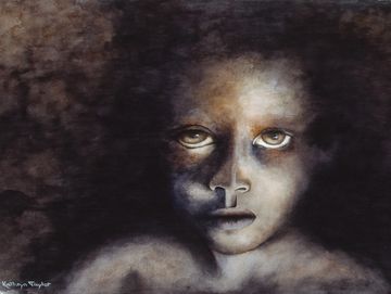 Portrait of a child with intense eyes and a somber expression in dark tones.