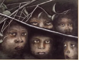 Faces of children peering through dark foliage with somber expressions.