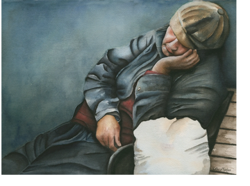 Watercolour portrait of a man sleeping in a worn coat, expressive figurative art by Kathryn Taylor