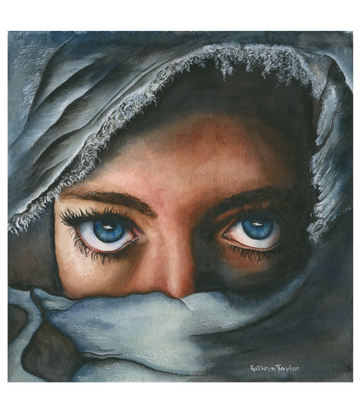 Watercolour portrait of blue eyes framed by soft grey shawl, expressive fine art by Kathryn Taylor.
