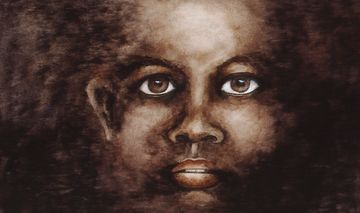 A close-up portrait of a face with intense eyes, rendered in dark, earthy tones.