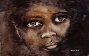 A detailed painting of a child's face with expressive eyes and soft shading.