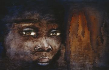 A somber portrait of a face emerging from dark shadows with warm light beside it.